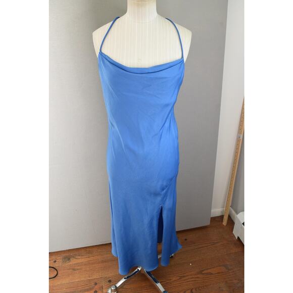 Lucy Paris Slip Dress Womens Small Blue Satin Midi Cowl Neck Sleeveless Spring - Picture 1 of 5